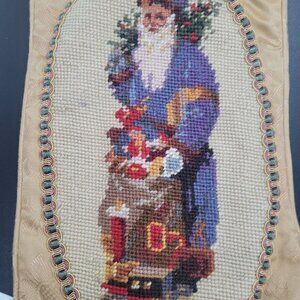 VTG Father Christmas Needlepoint Stocking Wool Handmade Santa Claus St. Nick